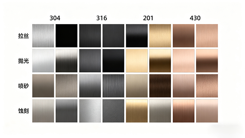 不锈钢表面处理加工 | 304/316/201/430 | 电镀/钝化/PVD 真空镀膜 | 拉丝/抛光/喷砂/蚀刻 | 黑色/钛金/玫瑰金等多色 | 耐腐蚀耐高温 | 快速打样 3 天交货